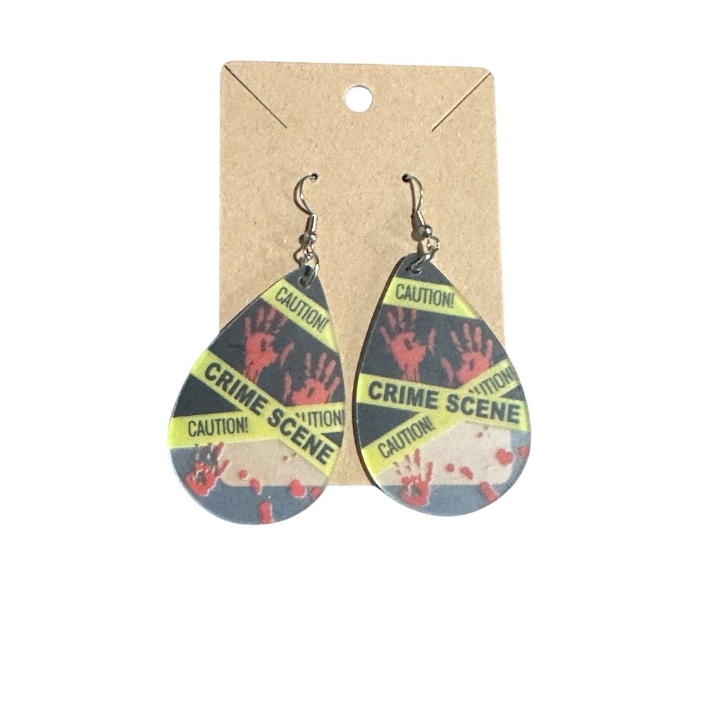 Crime Scene Caution Tape Dangle Earrings Bloody Handprint Teardrop True Crime‎